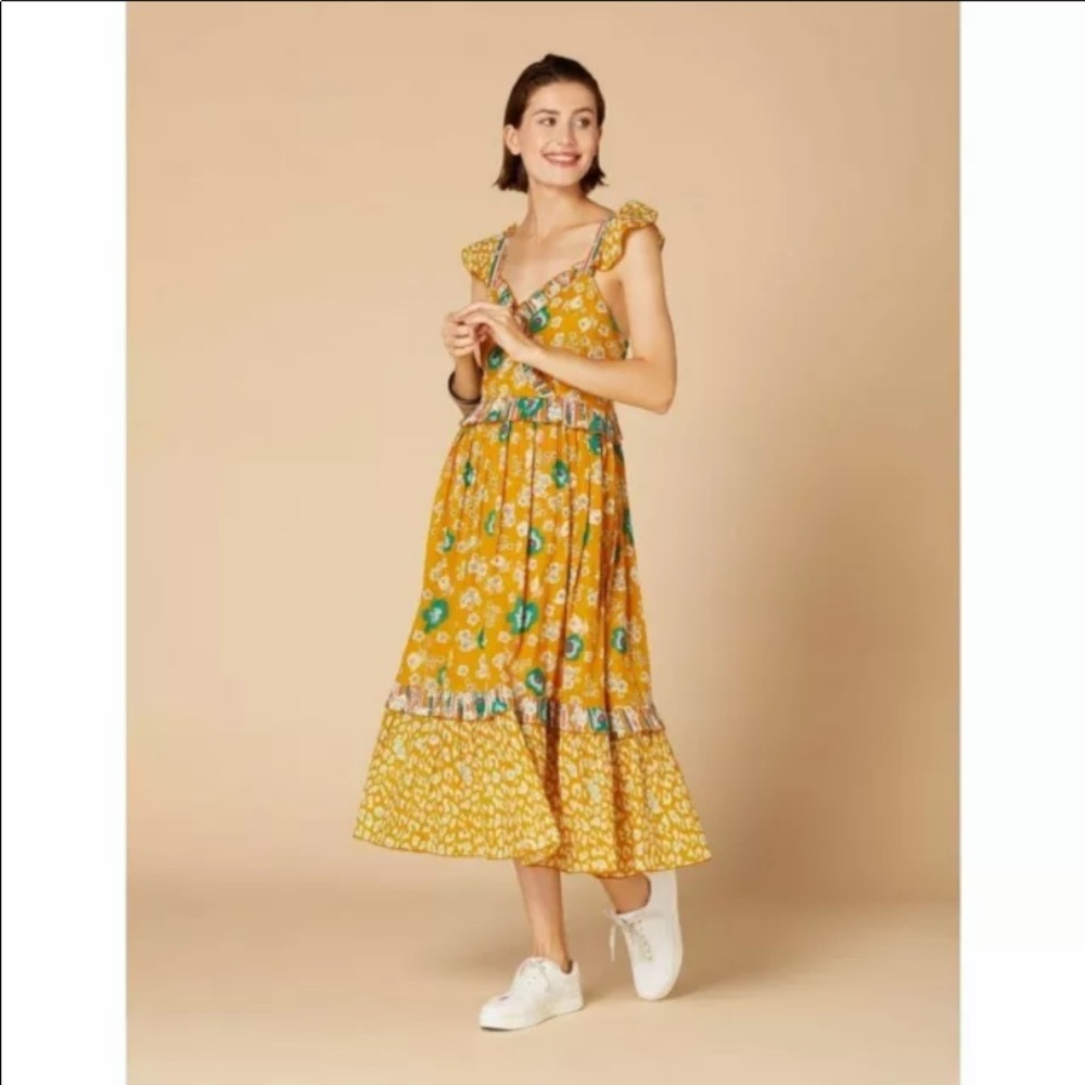 Anthro Derhy Mustard Gold Garden Floral Leopard Ruffle Midi Maxi Dress - Picture 2 of 10